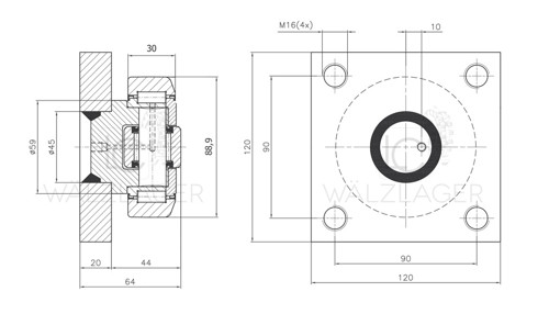 Skizze Kombirolle MR0005.M1PMR05-Q D= 88,9 mm verschweisst mit Platte 120x120x20 mm