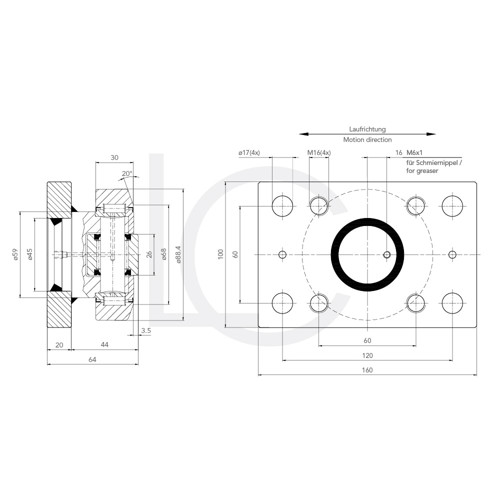 Skizze Kombirolle MR0005PMR05 D= 88.4 mm verschweißt mit Platte 160x100x20 mm
