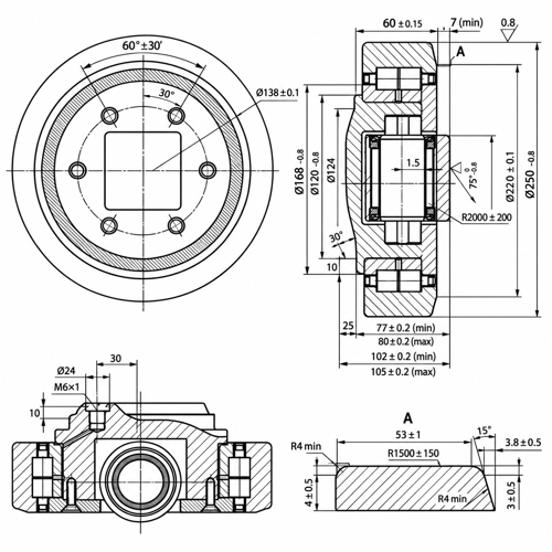 Technische Skizze Kombirolle MR0014.W Ø 250 mm mit Abmessungen