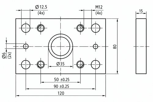 Technische Zeichnung Anschraubplatte PMR02, 120 × 80 × 15 mm, mit Bolzenaufnahme Ø35 mm