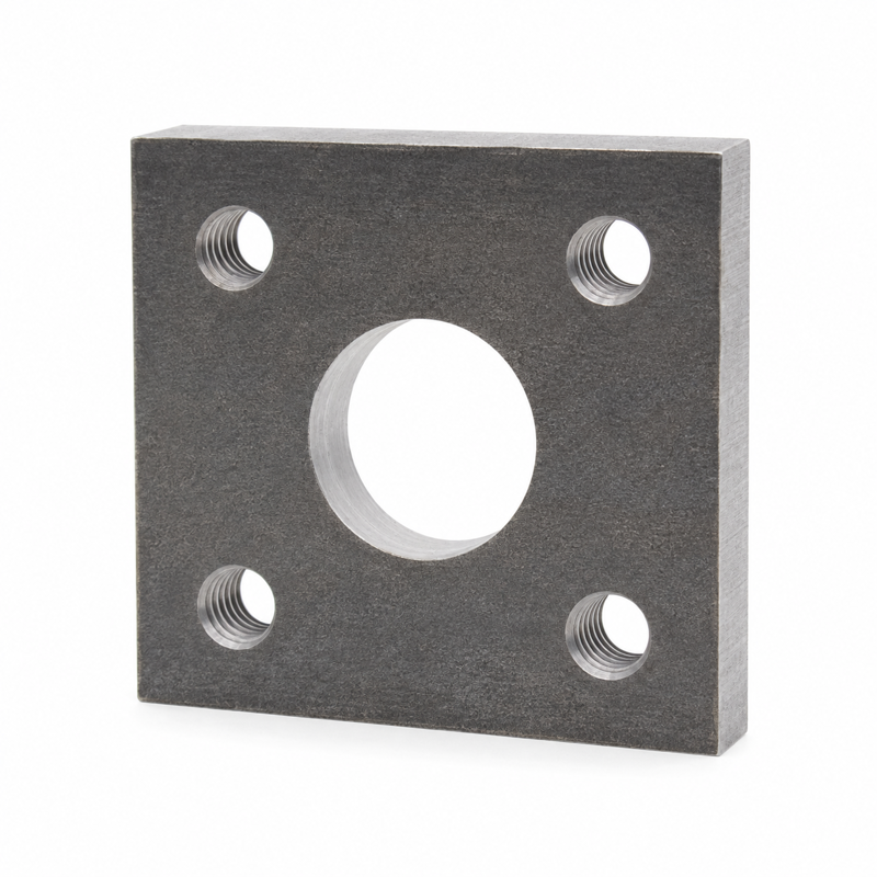 Quadratische Anschraubplatte PMR10-Q, 150 × 150 × 20 mm, mit zentraler Ø-60-mm-Aufnahme und vier M16-Gewindebohrungen
