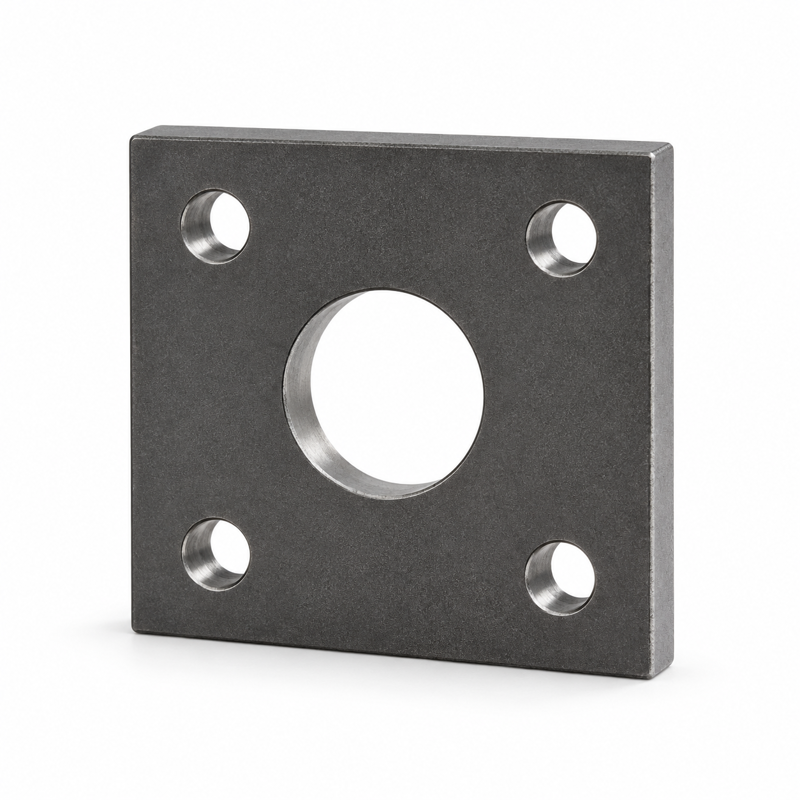 Quadratische Anschraubplatte PMR03-Q, 80 × 80 × 15 mm, mit zentraler Ø40-mm-Aufnahme und vier M12-Bohrungen