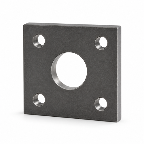 Quadratische Anschraubplatte PMR07-Q, 120 × 120 × 20 mm, mit Ø60-Aufnahme und 4 × M16