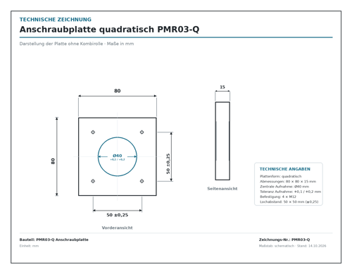 Technische Zeichnung der quadratischen Anschraubplatte PMR03-Q, 80 × 80 × 15 mm, mit Ø40-Aufnahme und 4 × M12