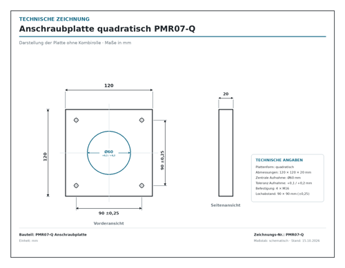 Technische Zeichnung der quadratischen Anschraubplatte PMR07-Q, 120 × 120 × 20 mm, mit Ø60-Aufnahme und 4 × M16