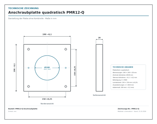 echnische Zeichnung der quadratischen Anschraubplatte PMR12-Q, 190 × 190 × 28 mm, mit Ø100-Aufnahme, 4 × M20 und 2 × Ø10