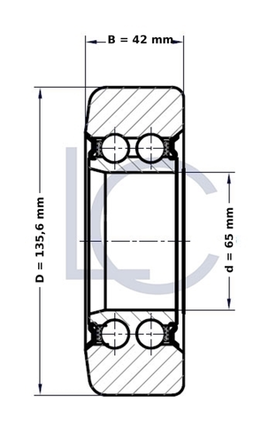 Technische Schnittzeichnung der Hubmastrolle STI L0140 mit den Maßen d = 65 mm, D = 135,6 mm und B = 42 mm.