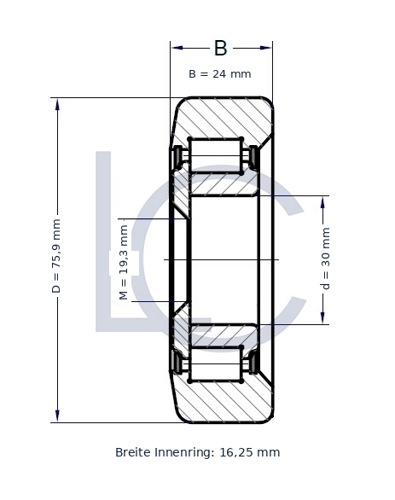 echnische Zeichnung der Hubmastrolle STI S0050 mit D 75,9 mm, B 24 mm, d 30 mm, M 19,3 mm und 16,25 mm Innenringbreite