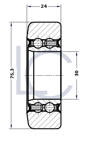 Technische Zeichnung der Hubmastrolle LIN0010 mit Bohrung Ø30 mm, Außendurchmesser Ø75,3 mm und Breite 24 mm