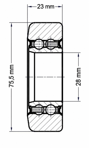Technische Zeichnung der Hubmastrolle LIN0006, 28 × 75,5 × 23 mm