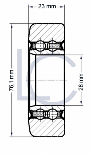 Technische Zeichnung der Hubmastrolle LIN0007, 28 × 76,1 × 23 mm