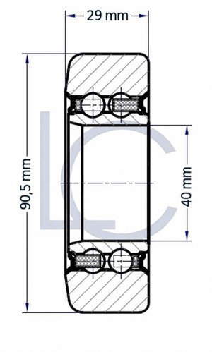 Technische Zeichnung der Hubmastrolle LIN0090, 40 × 90,5 × 29 mm