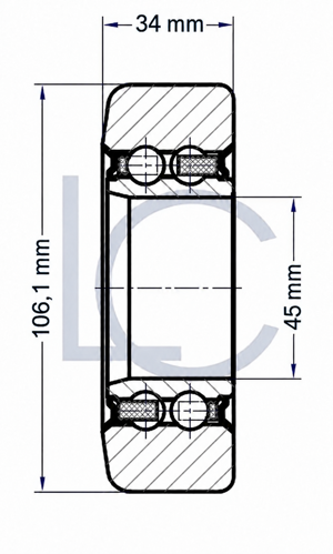 Technische Zeichnung der Hubmastrolle LIN0120, 45 × 106,1 × 34 mm