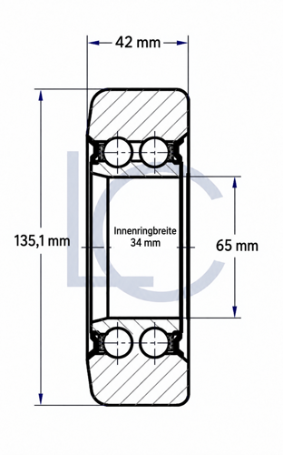 Technische Zeichnung der Hubmastrolle LIN0130, 65 × 135,1 × 42 mm, Innenringbreite 34 mm