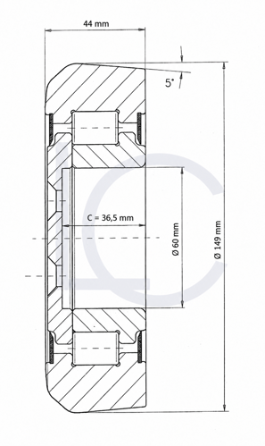 Alt-Tag: Technische Zeichnung der Hubmastrolle DAN0350, 60 × 149 × 44 mm, mit Innenringbreite 36,5 mm und 5°-Lauffläche