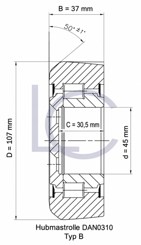 Technische Zeichnung Hubmastrolle DAN0310 45 × 107 × 37 mm mit Innenringbreite 30,5 mm